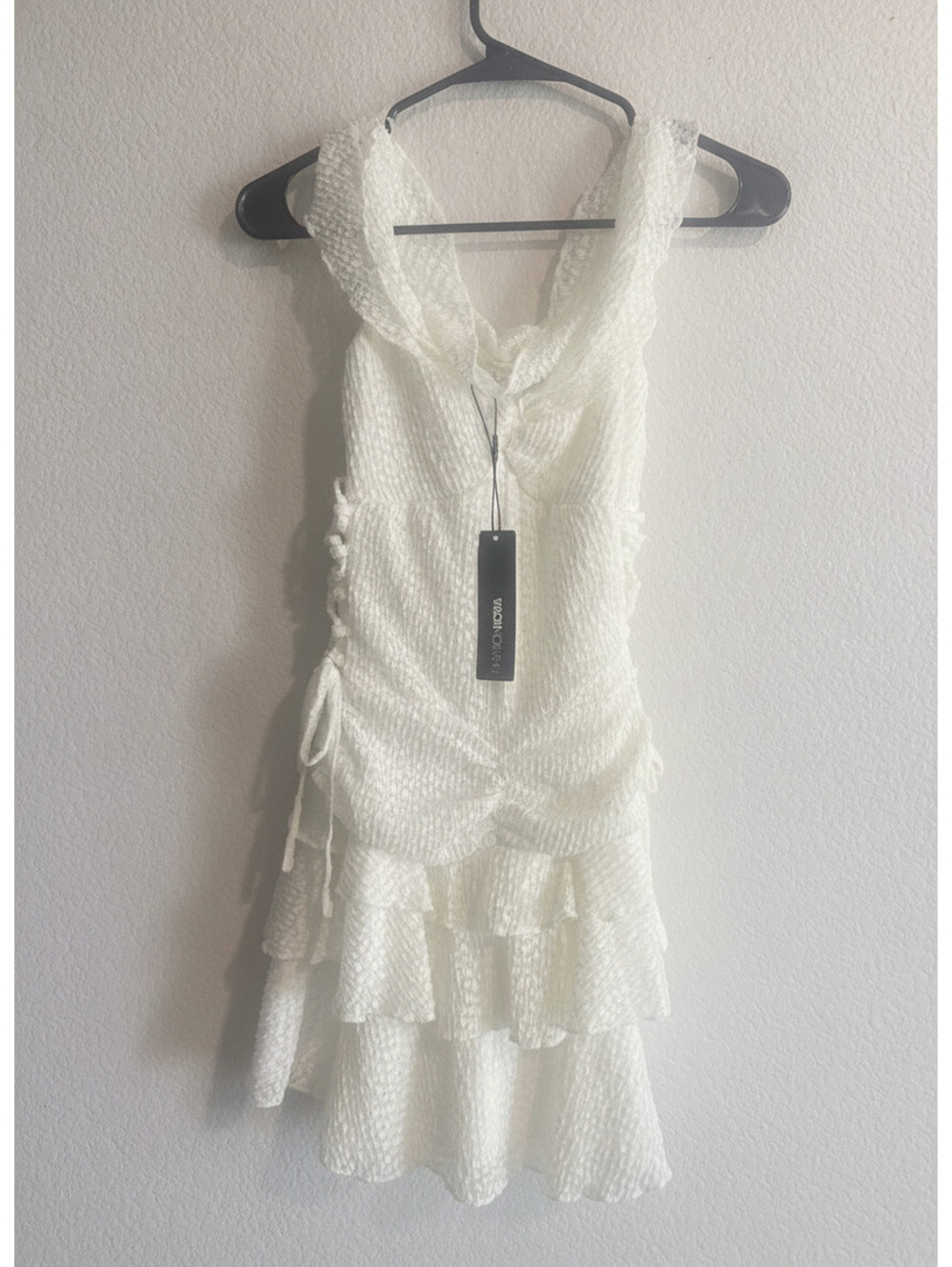 Fashion Nova White Textured Ruffle Mini Dress with Side Tie Detail, Size Small,